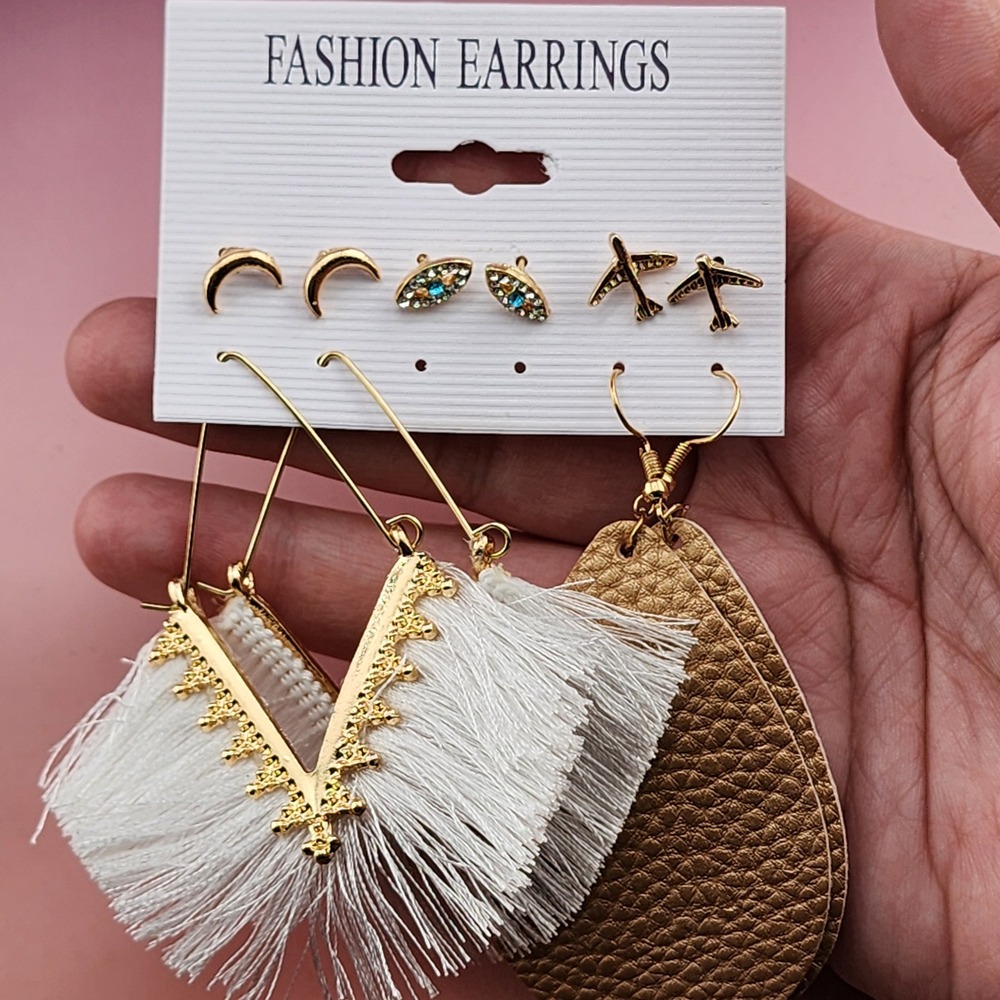 5 Pair Earring Set Moon Eye Airplane Studs White Fan Fringe Gold Teardrop Drops